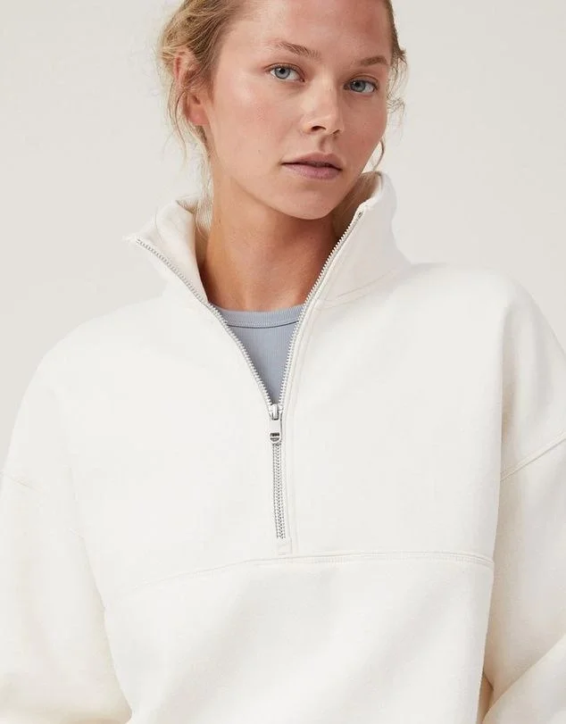 Oversize Yarım Farmuarlı Yakalı Basic SweatShirt - Beyaz Görsel 4