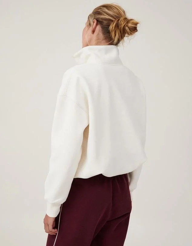 Oversize Yarım Farmuarlı Yakalı Basic SweatShirt - Beyaz Görsel 3