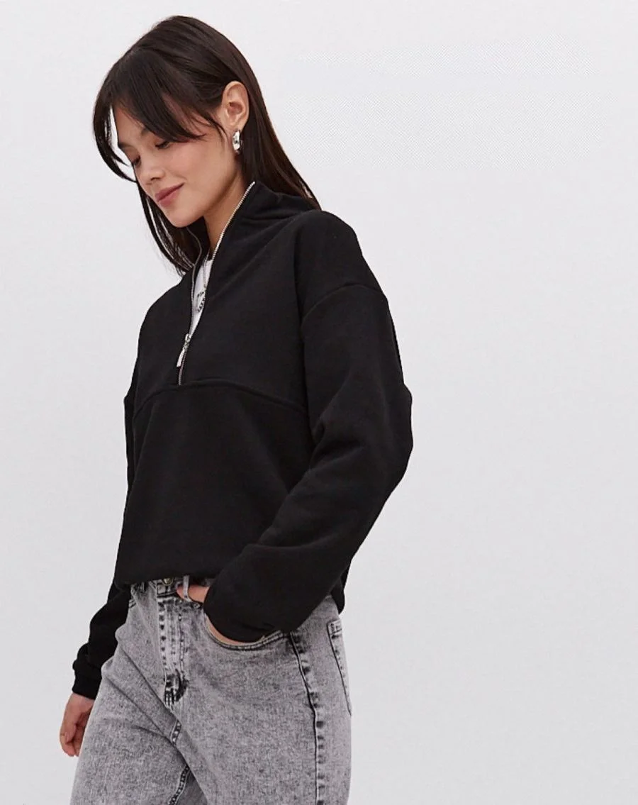 Oversize Yarım Farmuarlı Yakalı Basic SweatShirt - Siyah Görsel 2