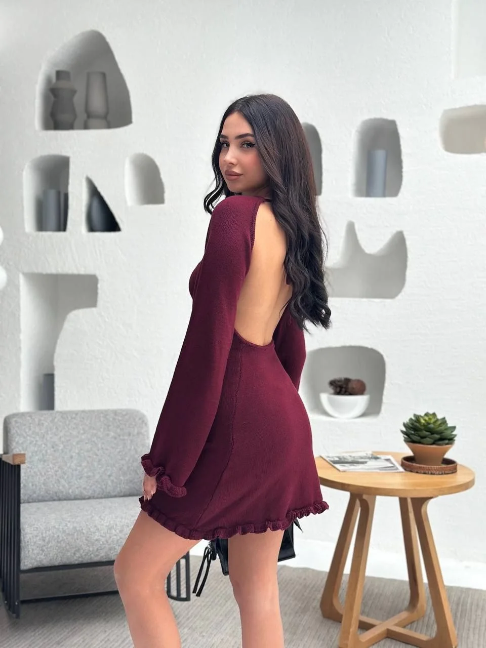 Sırt Pencereli Mini Triko Elbise - Bordo Görsel 2