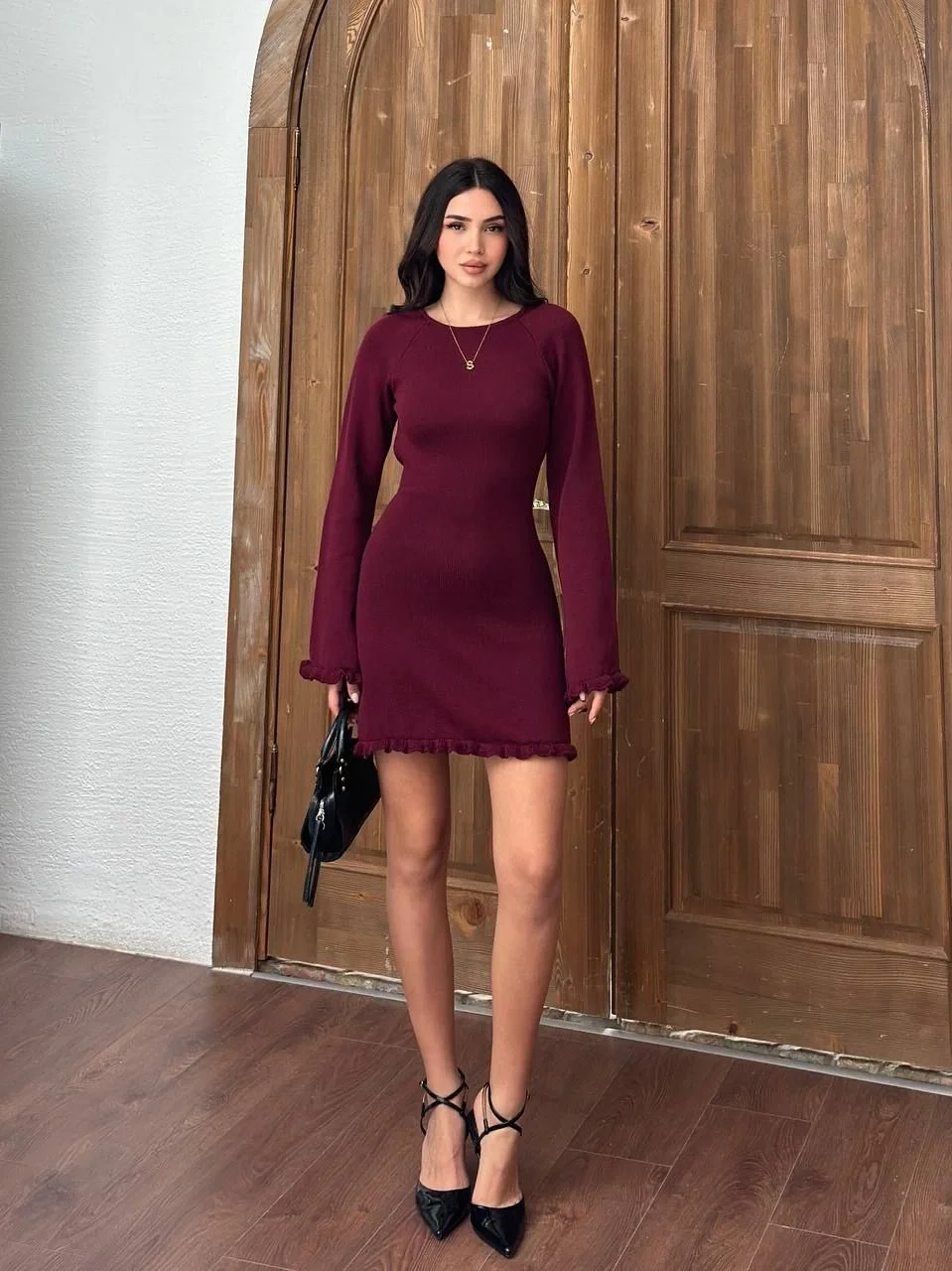 Sırt Pencereli Mini Triko Elbise - Bordo Görsel 8