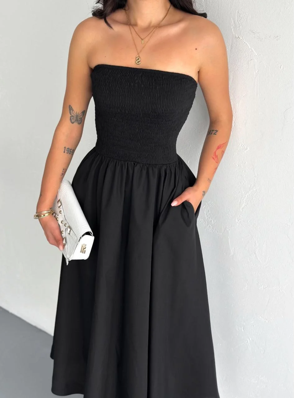 Straplez Pileli Elbise - Siyah Görsel 2