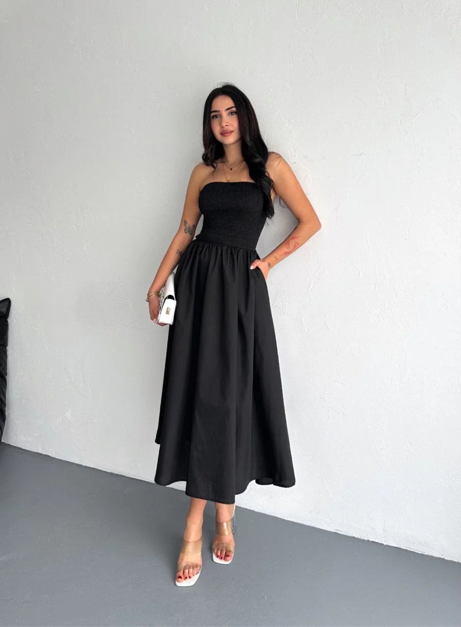 Straplez Pileli Elbise - Siyah Görsel 3