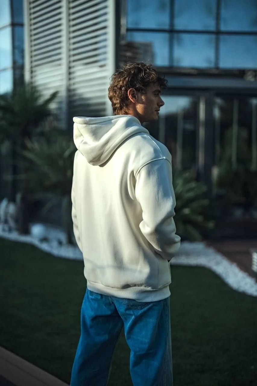 Üç İplik Penye Kapşonlu Basic SweatShirt - Beyaz Görsel 3