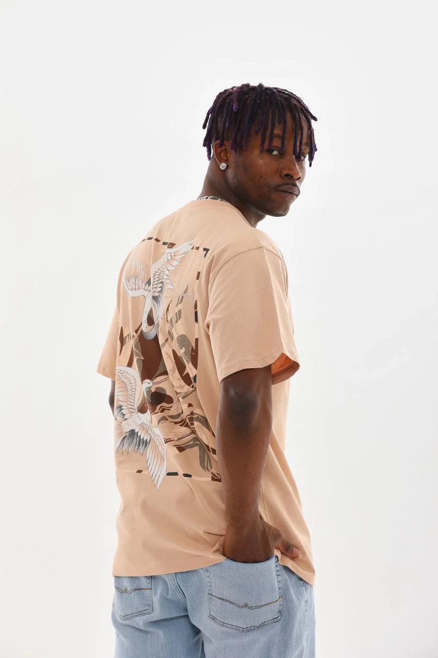 ERKEK Baskılı Oversize T-Shirt - Bej Görsel 4