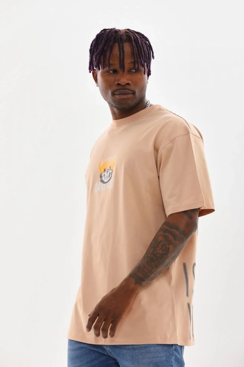 ERKEK Baskılı Oversize T-Shirt - Bej Görsel 7