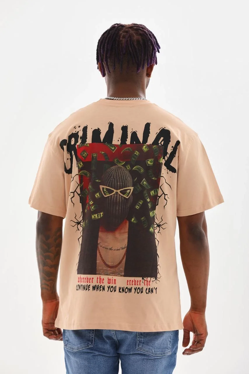 ERKEK Baskılı Oversize T-Shirt - Bej Görsel 2