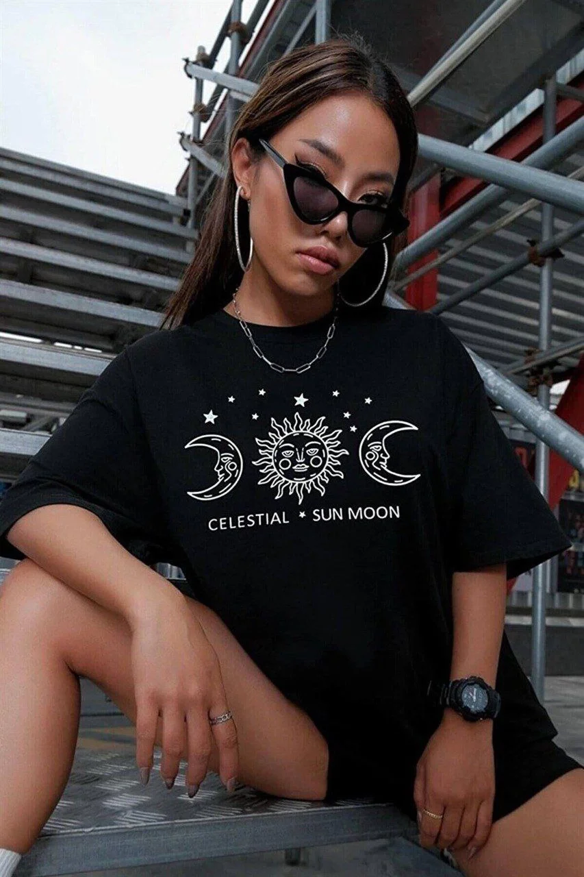 Kadın Baskılı Oversize T-Shirt - Siyah Görsel 4