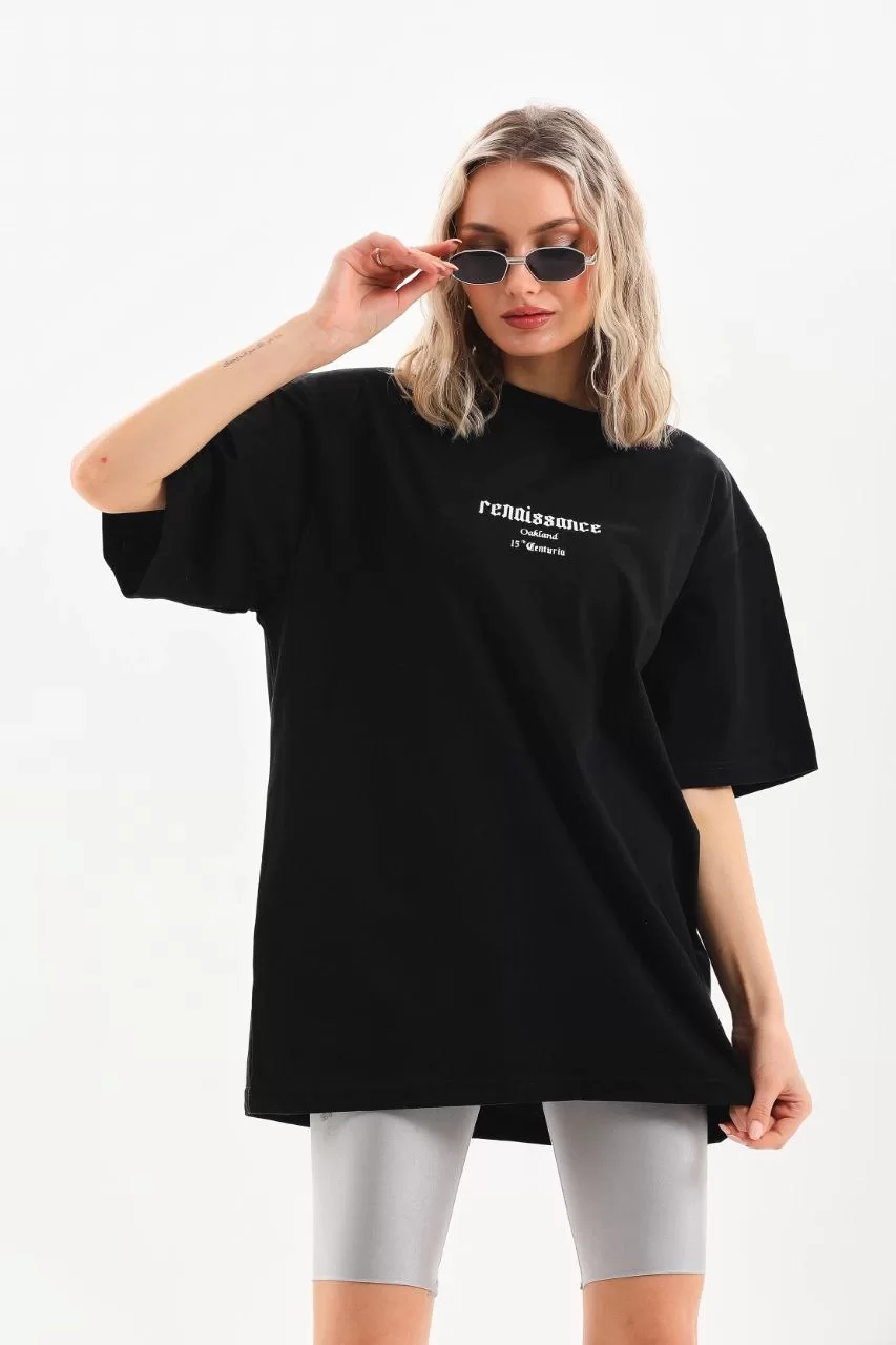 Unisex Baskılı Oversize T-Shirt - Siyah