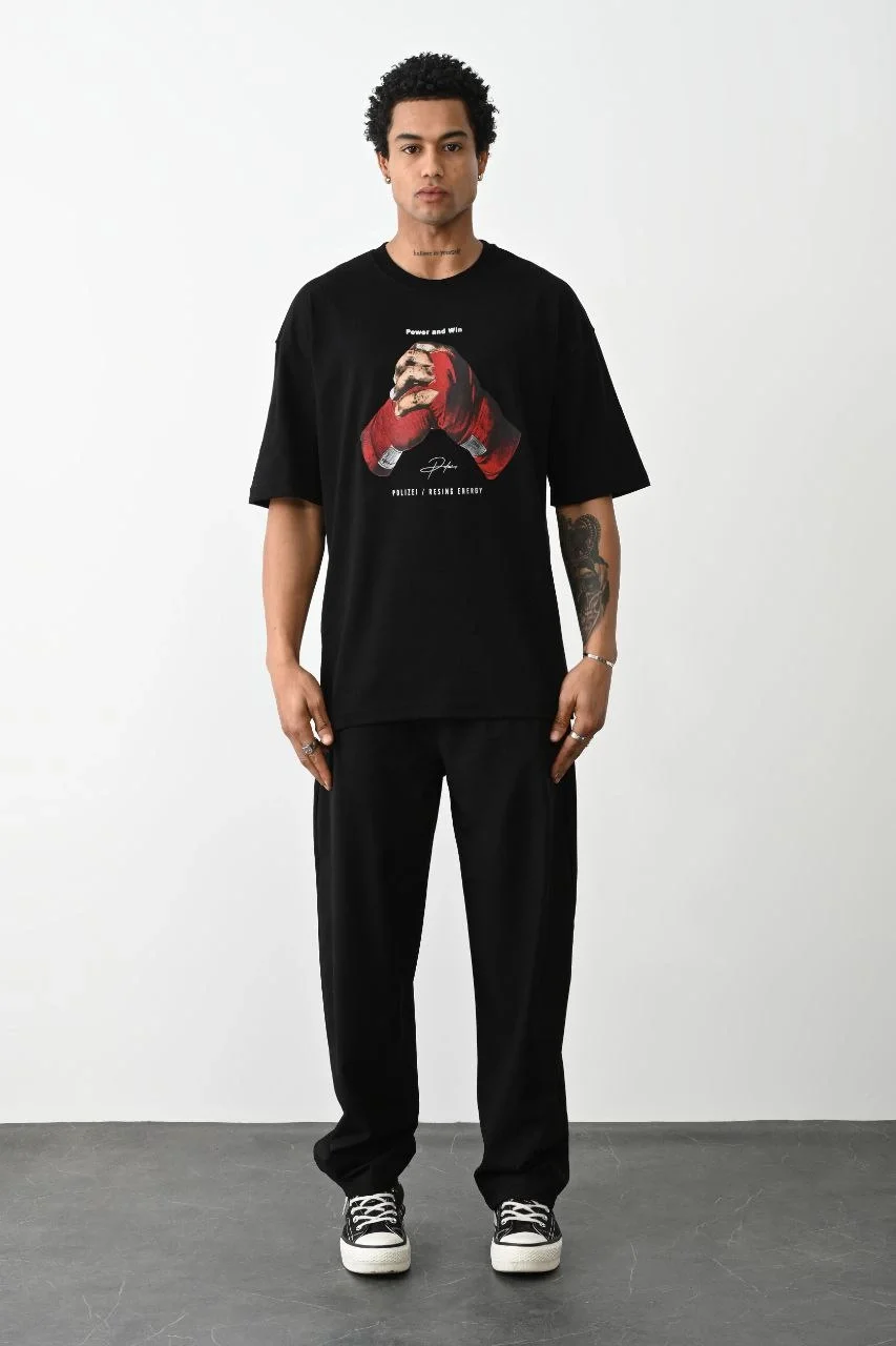 ERKEK Baskılı Oversize T-Shirt - Siyah Görsel 4