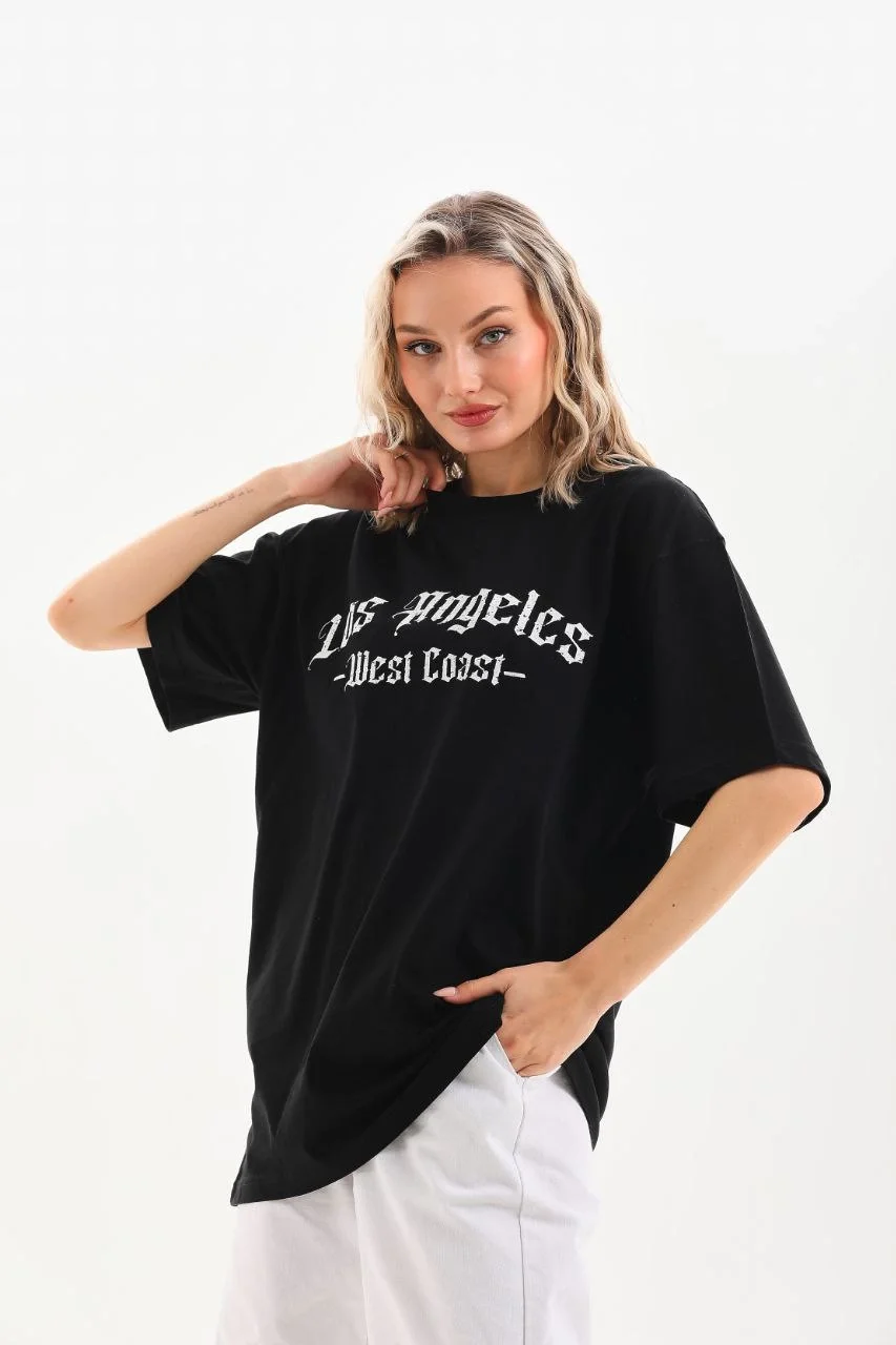 Kadın Baskılı Oversize T-Shirt - Siyah Görsel 3