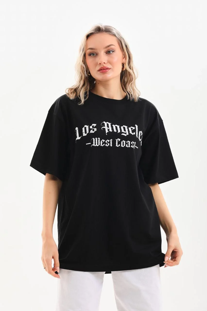 Kadın Baskılı Oversize T-Shirt - Siyah Görsel 7