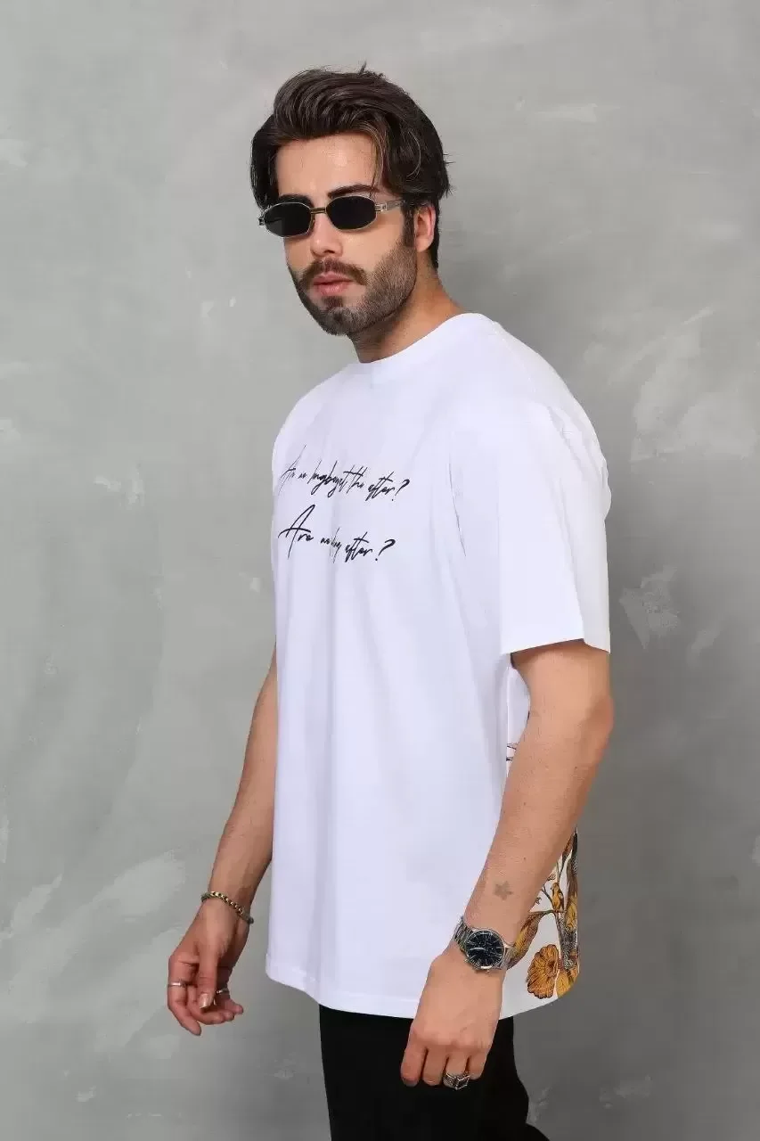 Unisex Bisiklet Yaka Baskılı Oversize T-Shirt - Beyaz Görsel 7