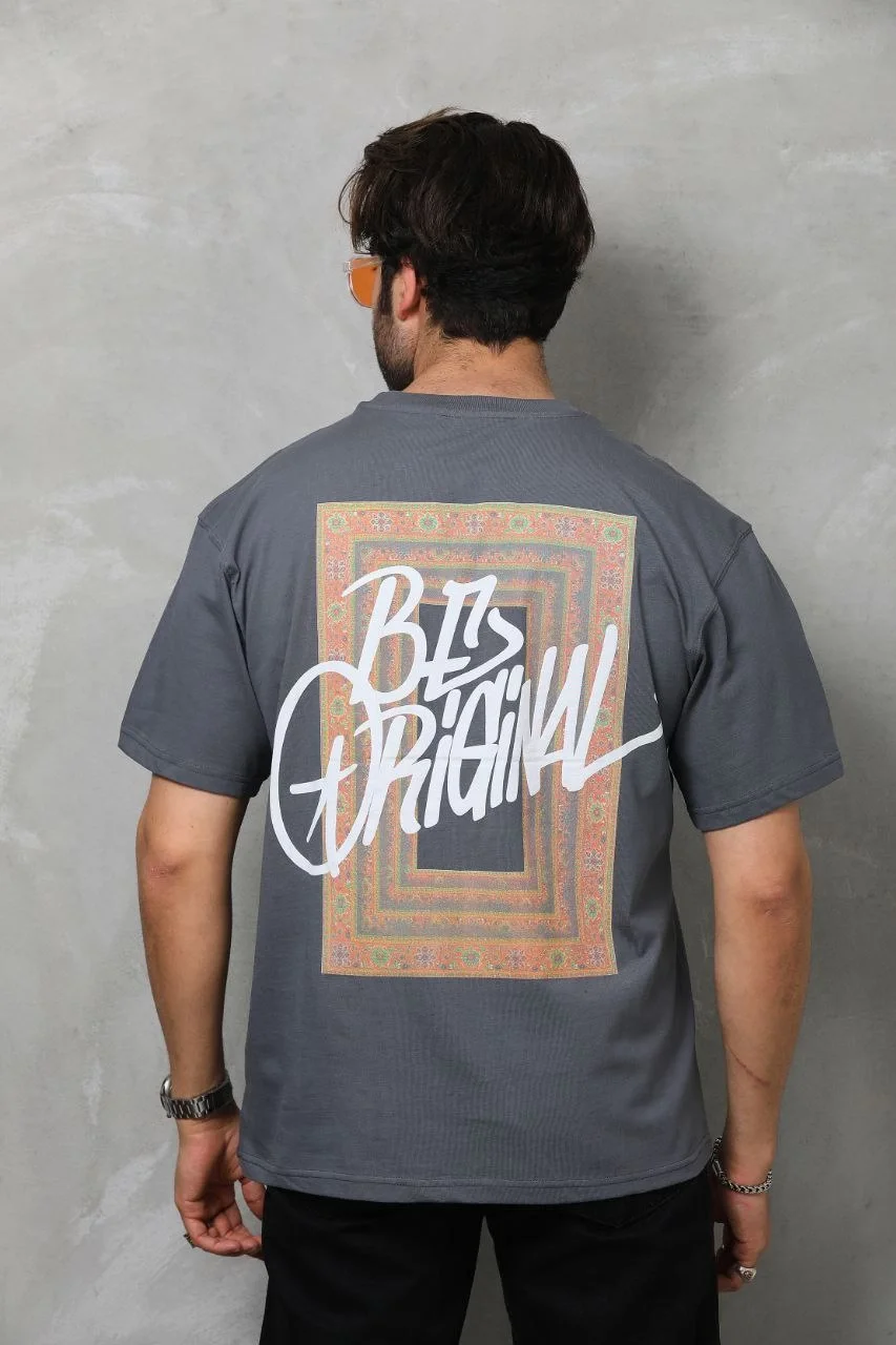 Unisex Bisiklet Yaka Baskılı Oversize T-Shirt - Füme Görsel 2