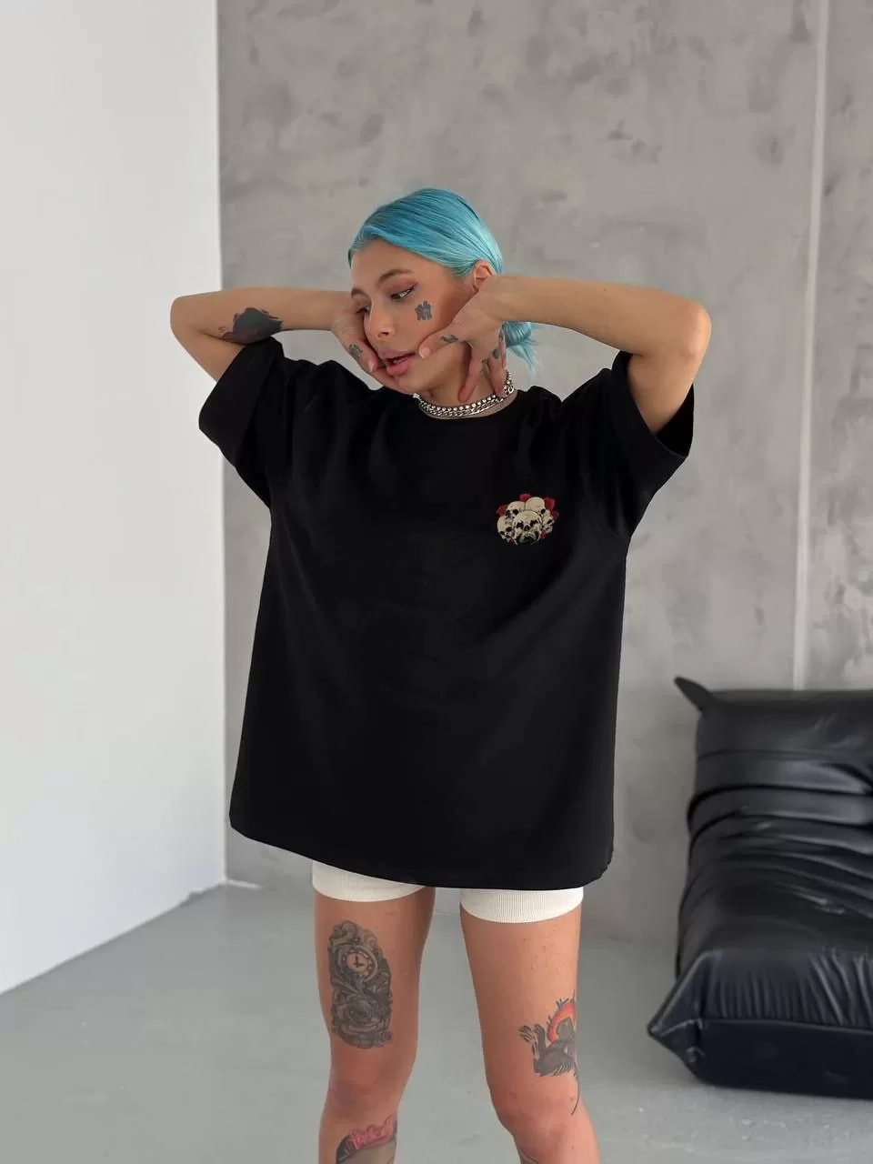 Unisex Bisiklet Yaka Baskılı Oversize T-Shirt - Siyah