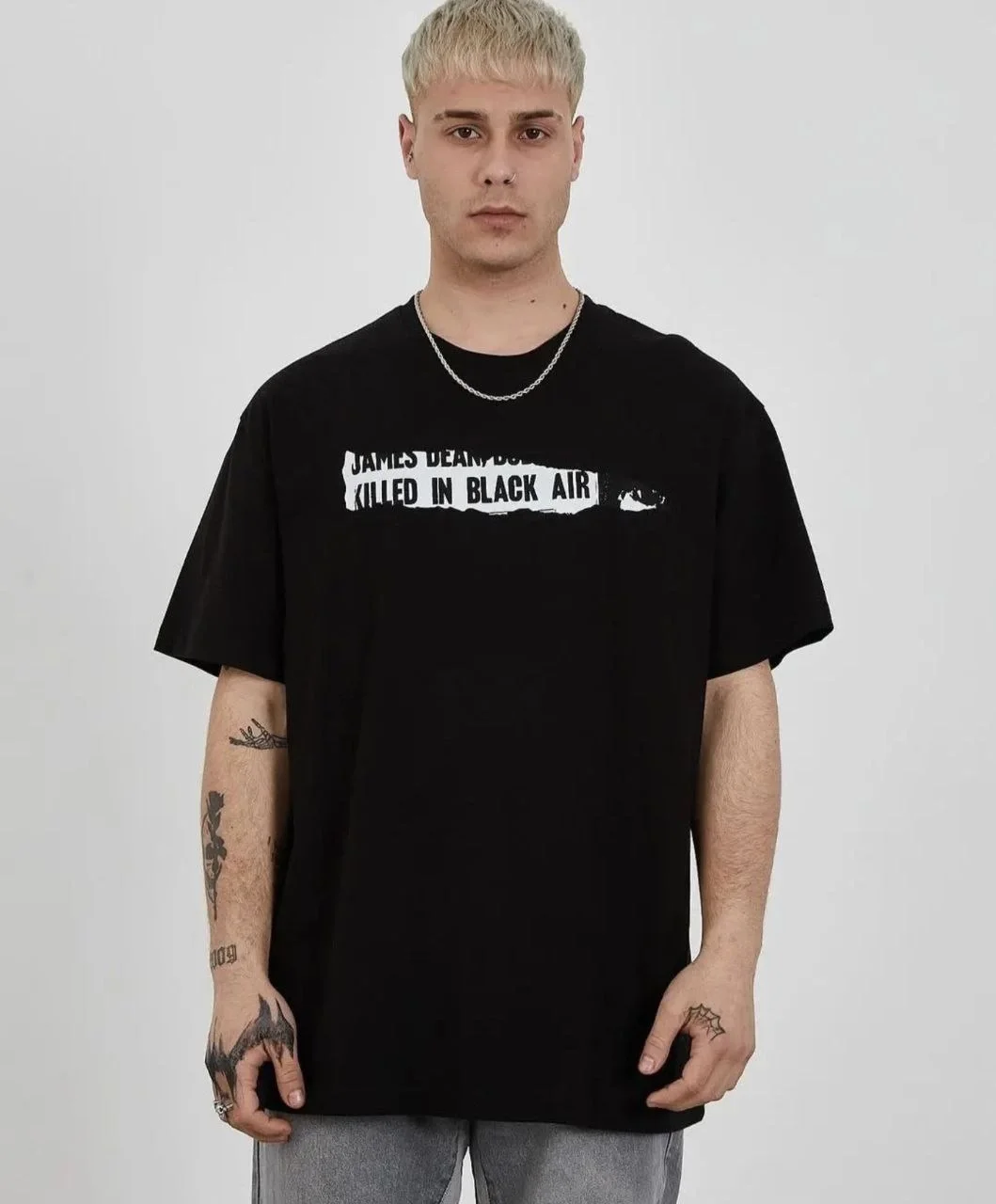 ERKEK Bisiklet Yaka Baskılı Oversize T-Shirt - Siyah