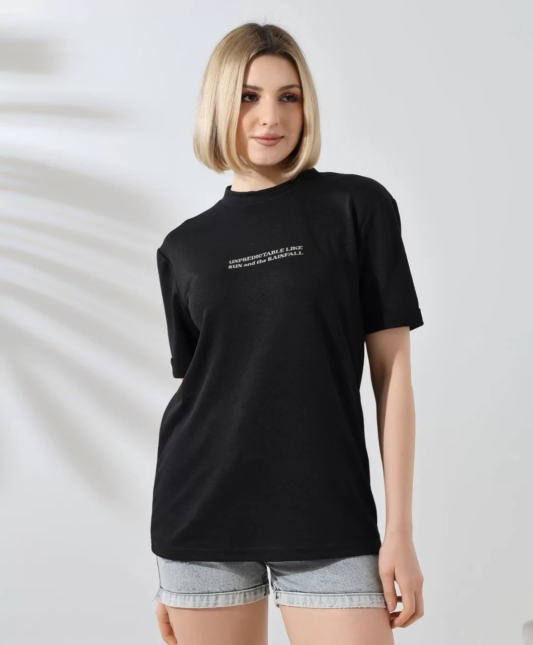 Unisex Bisiklet Yaka Baskılı Slim Fit T-Shirt - Siyah