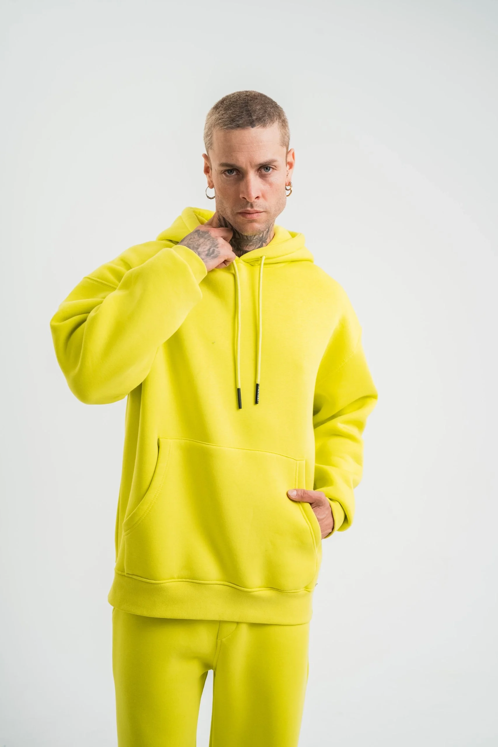 ERKEK Double Oversize Kapşonlu Basic SweatShirt - Sarı Görsel 4