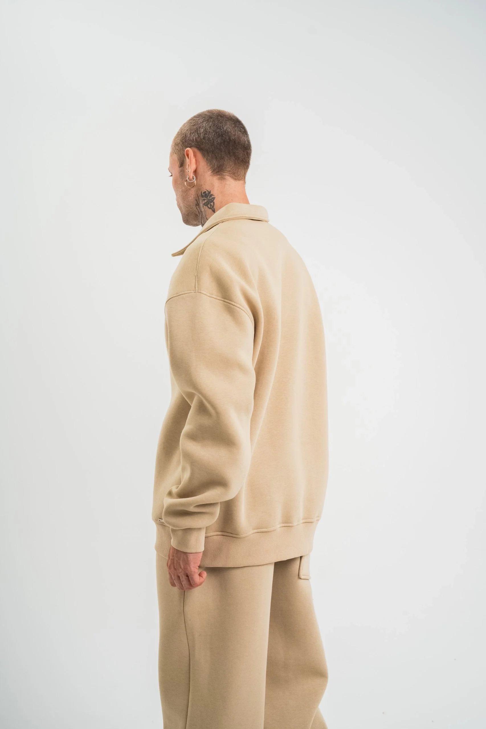 Erkek Patlı Yaka Üç İplik Pamuklu Sweatshirt Double Oversize Rahat Kalıp Günlük Kullanım – Bej Görsel 2