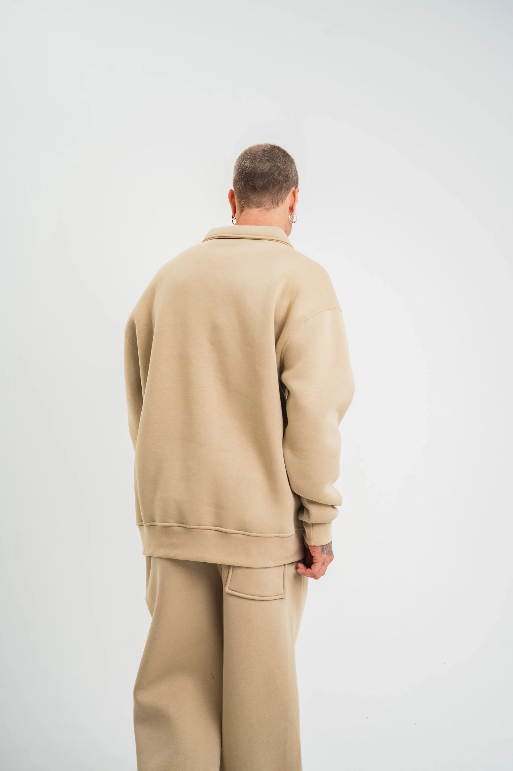 Erkek Patlı Yaka Üç İplik Pamuklu Sweatshirt Double Oversize Rahat Kalıp Günlük Kullanım – Bej Görsel 3