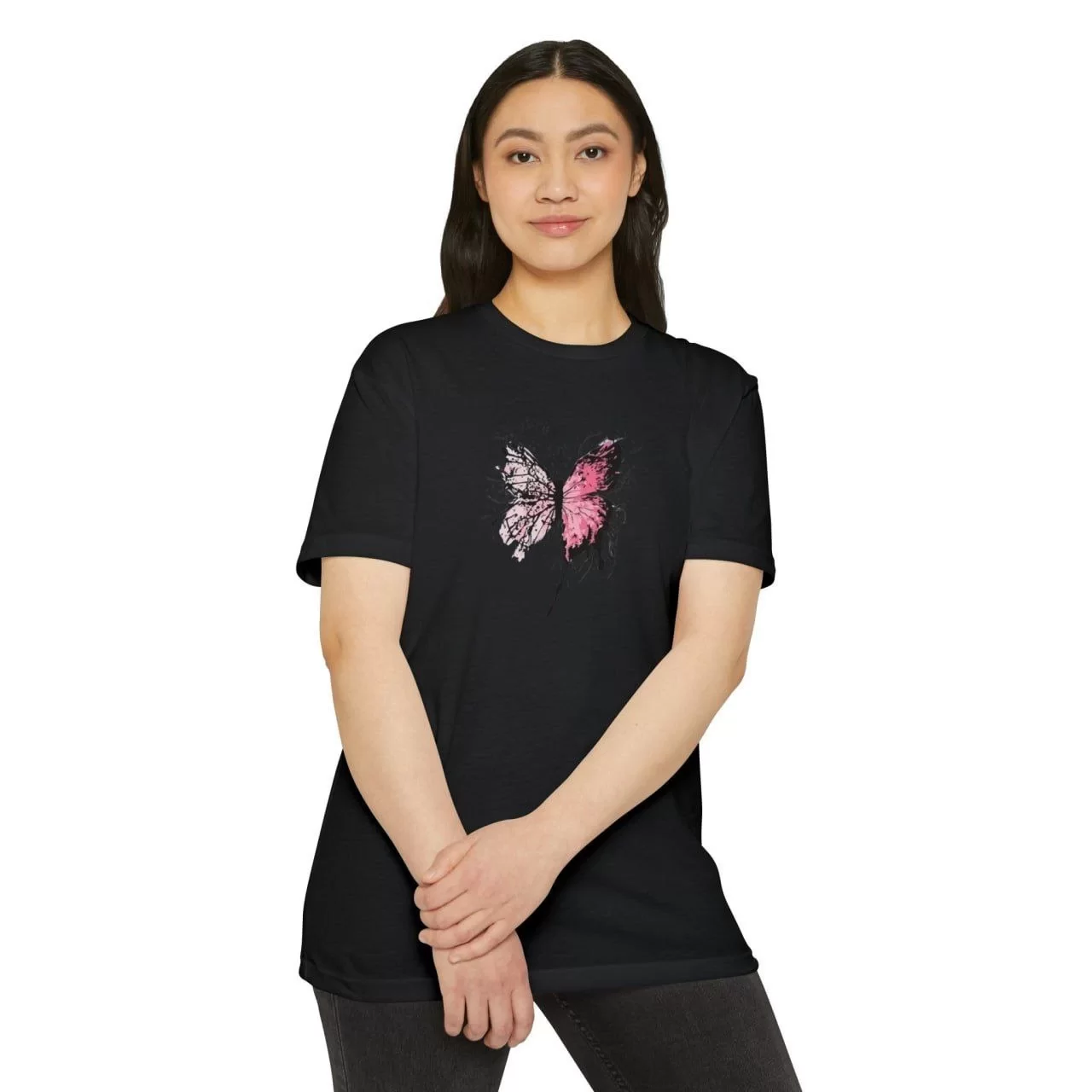 Unisex Kadın Bisiklet Yaka Baskılı T-Shirt - Siyah