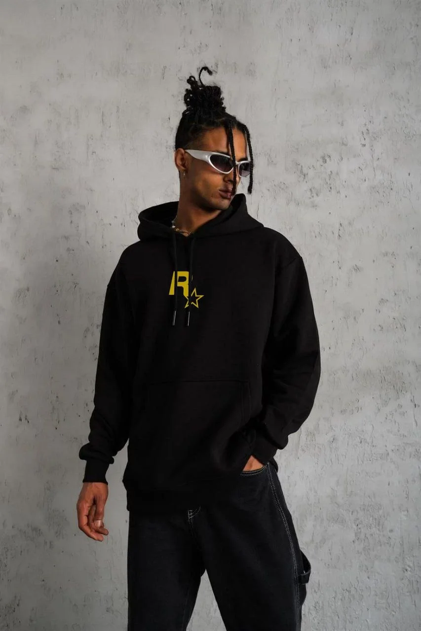 ERKEK Kapşonlu Baskılı Sweetshirt - Siyah