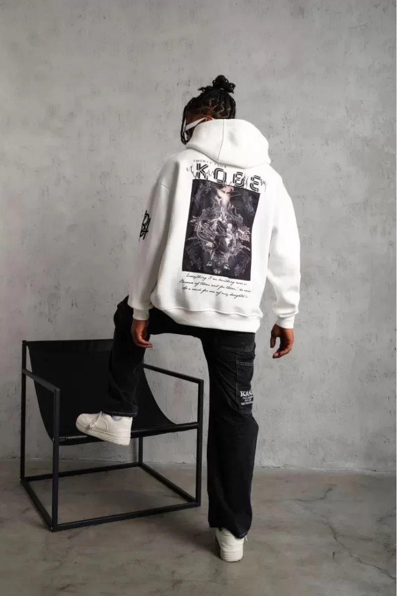 ERKEK Sırt Baskılı Kapüşonlu Üç İplik Oversize Sweatshirt - Beyaz