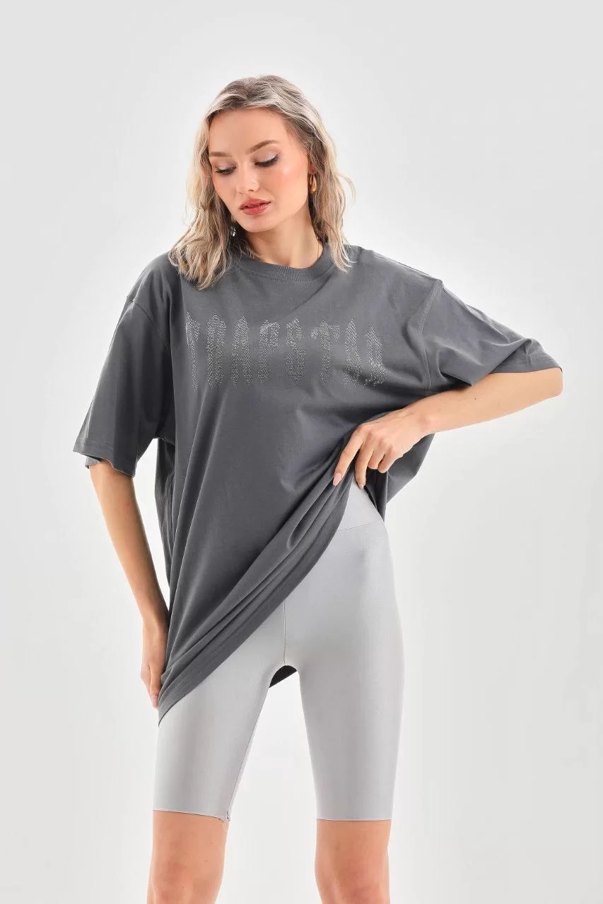 Unisex Taş Desenli Oversize T-Shirt - Füme