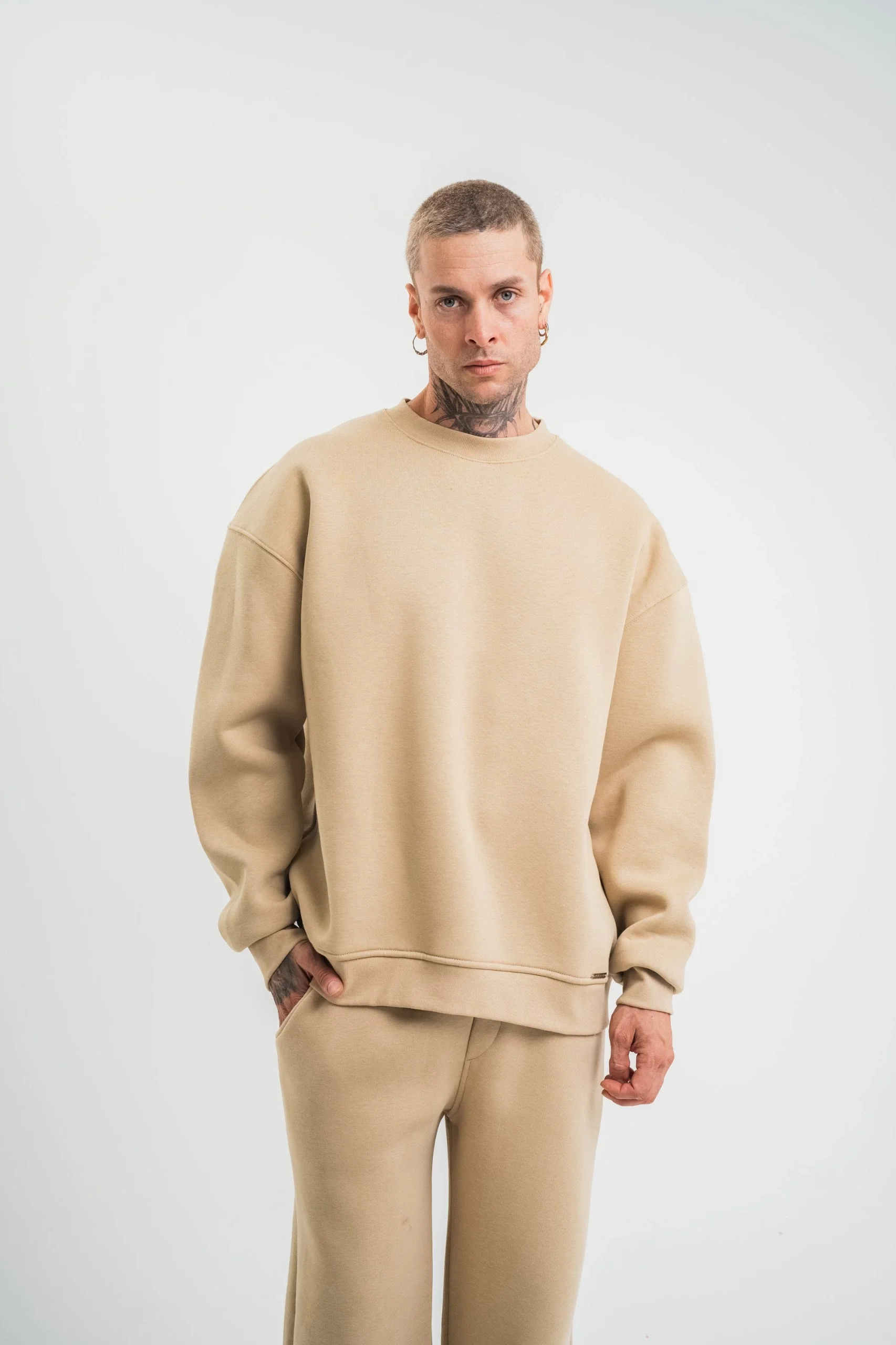Uzun Kol Bisiklet Yaka Basic SweatShirt - Bej Görsel 5