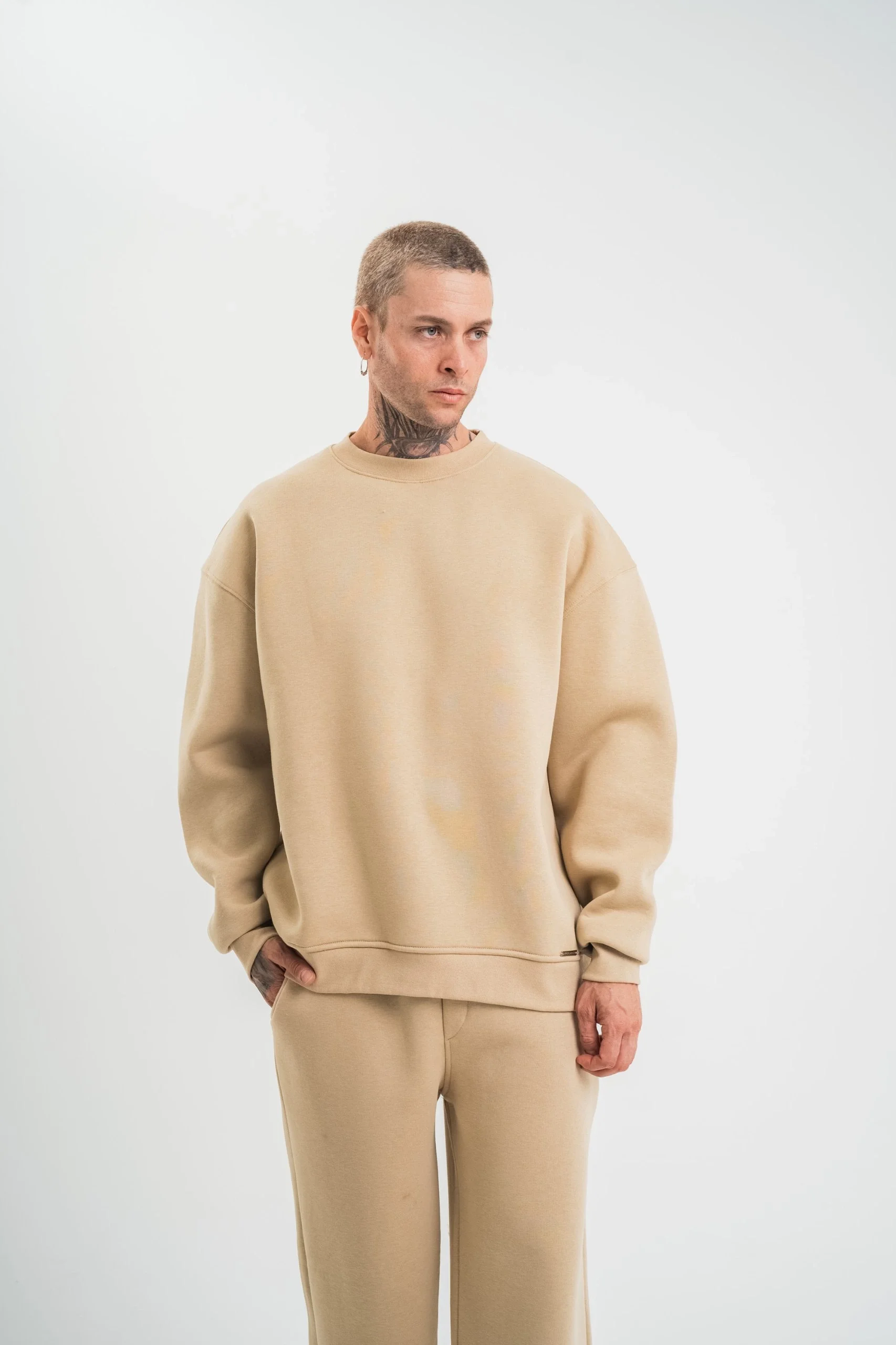Uzun Kol Bisiklet Yaka Basic SweatShirt - Bej Görsel 6