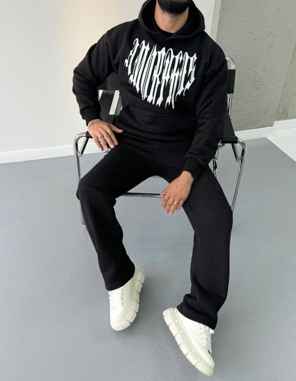 Uzun Kol Kapüşonlu Baskılı SweatShirt - Siyah Görsel 7