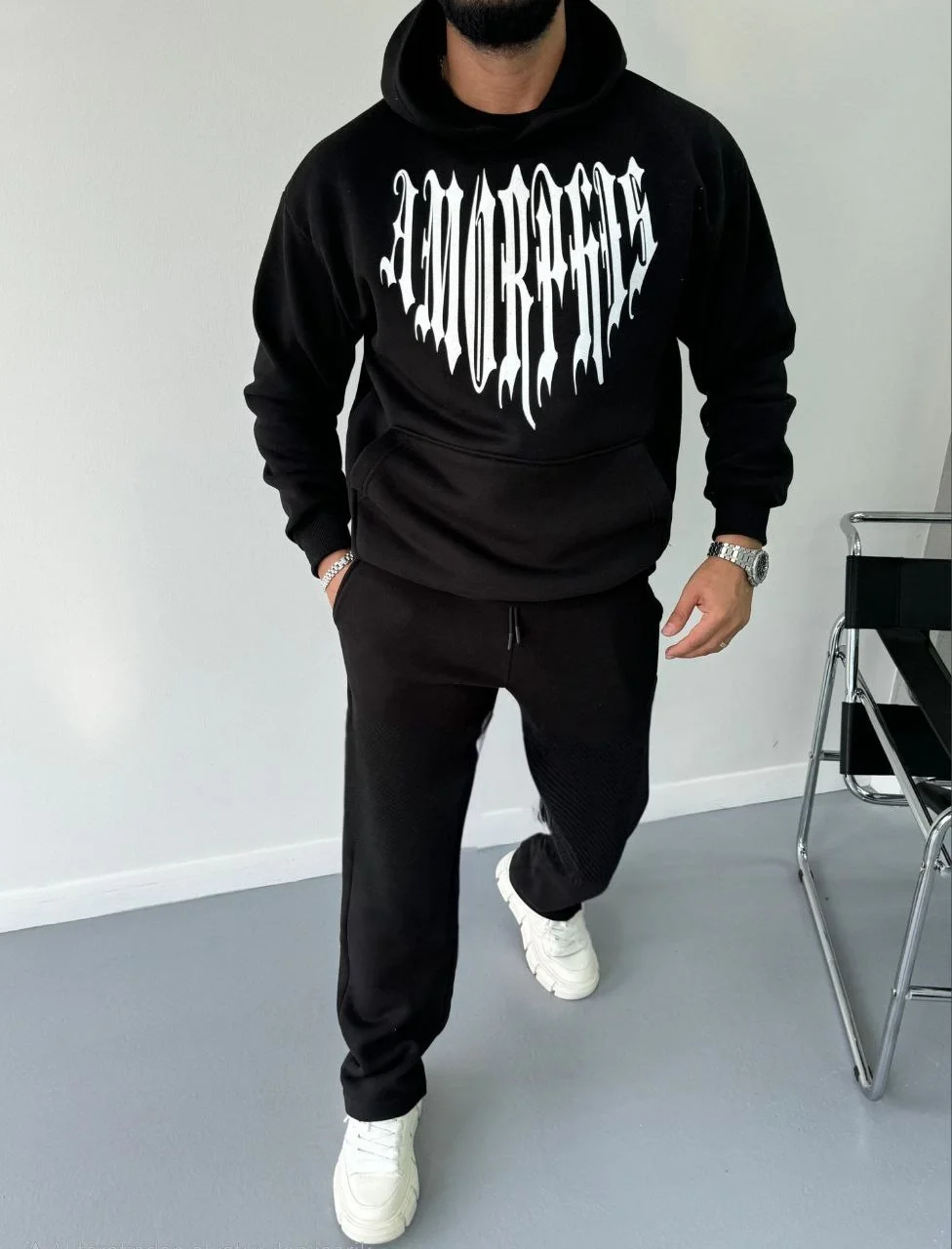 Uzun Kol Kapüşonlu Baskılı SweatShirt - Siyah Görsel 5
