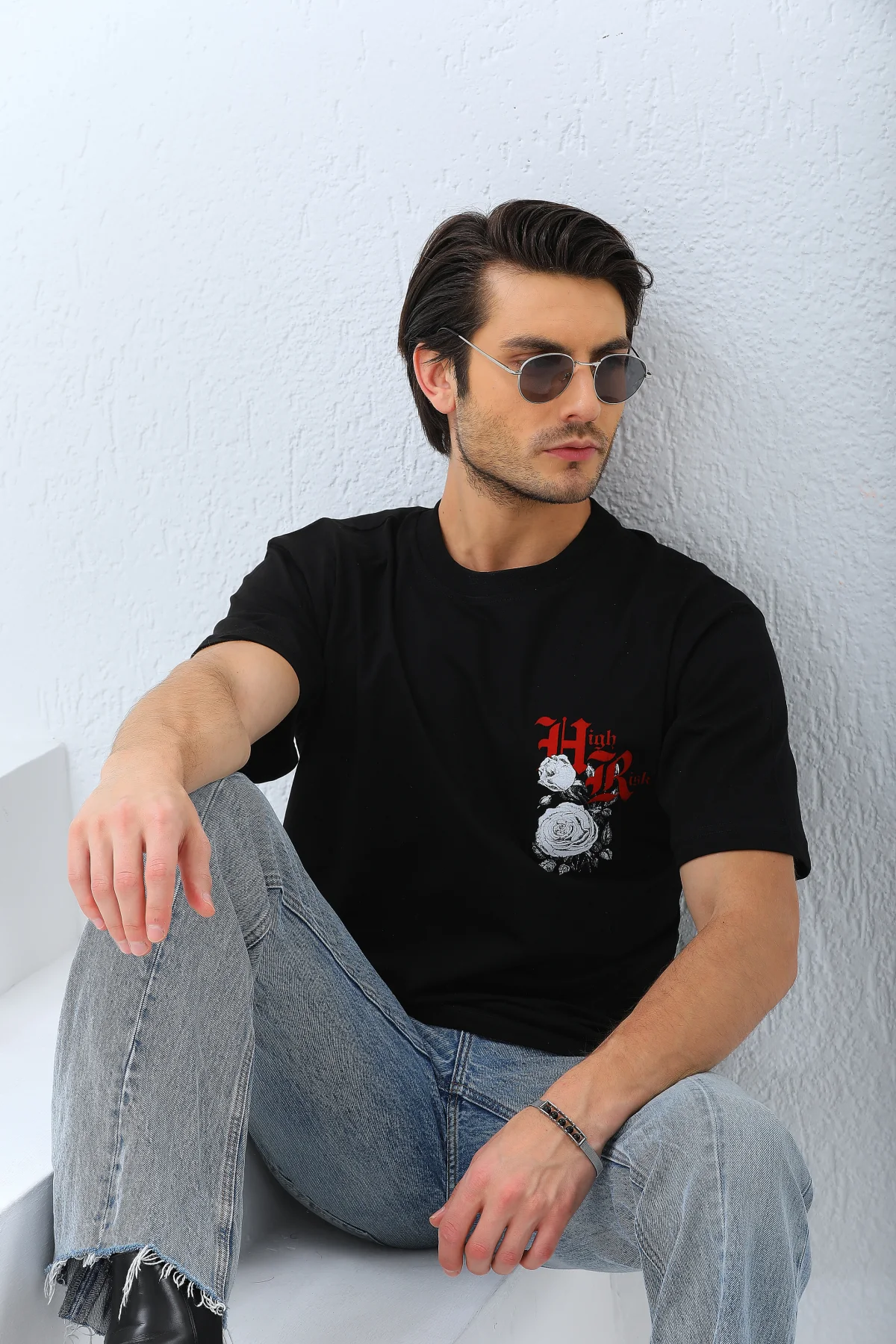 Unisex Oversize Baskılı Bisiklet Yaka T-Shirt - Siyah