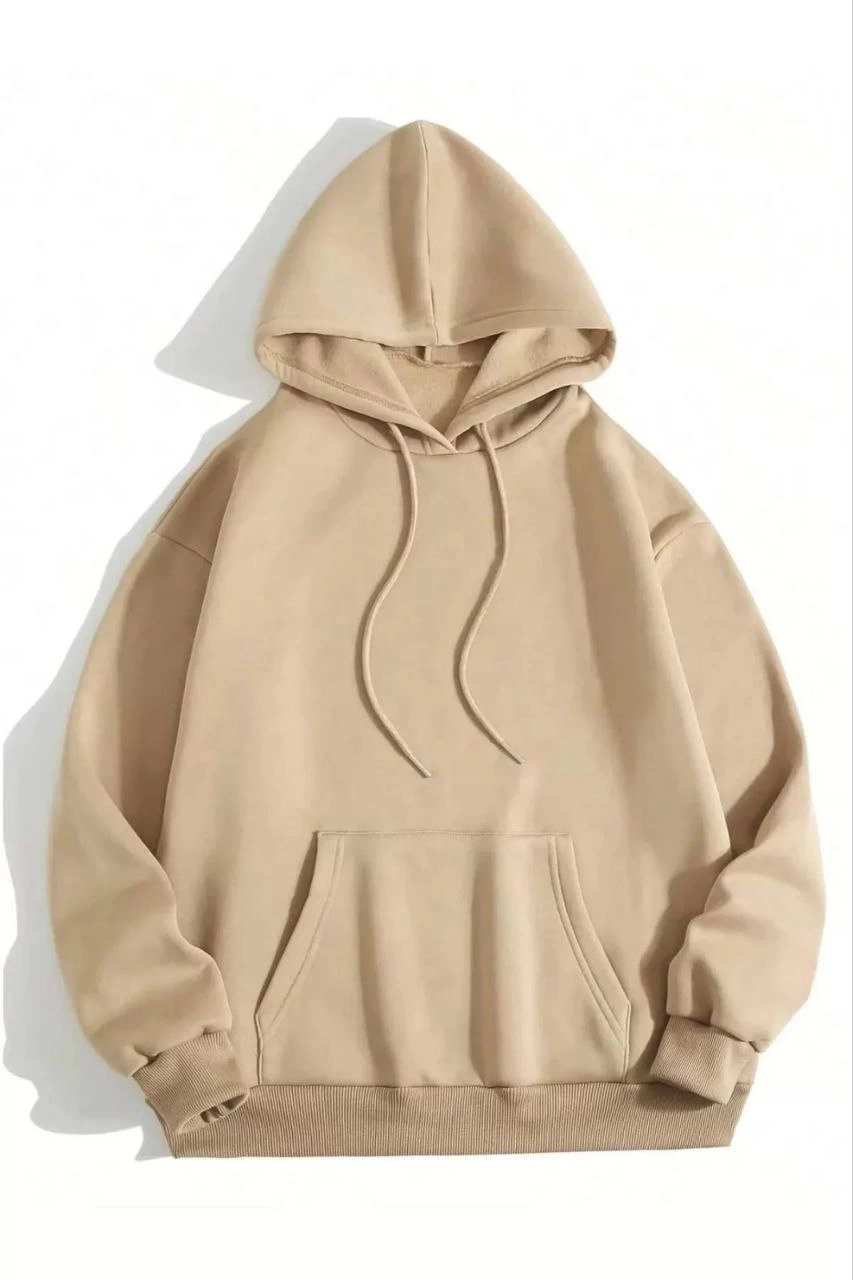 3 Yarn Cotton Unisex Hooded Sweetshirt - Beige