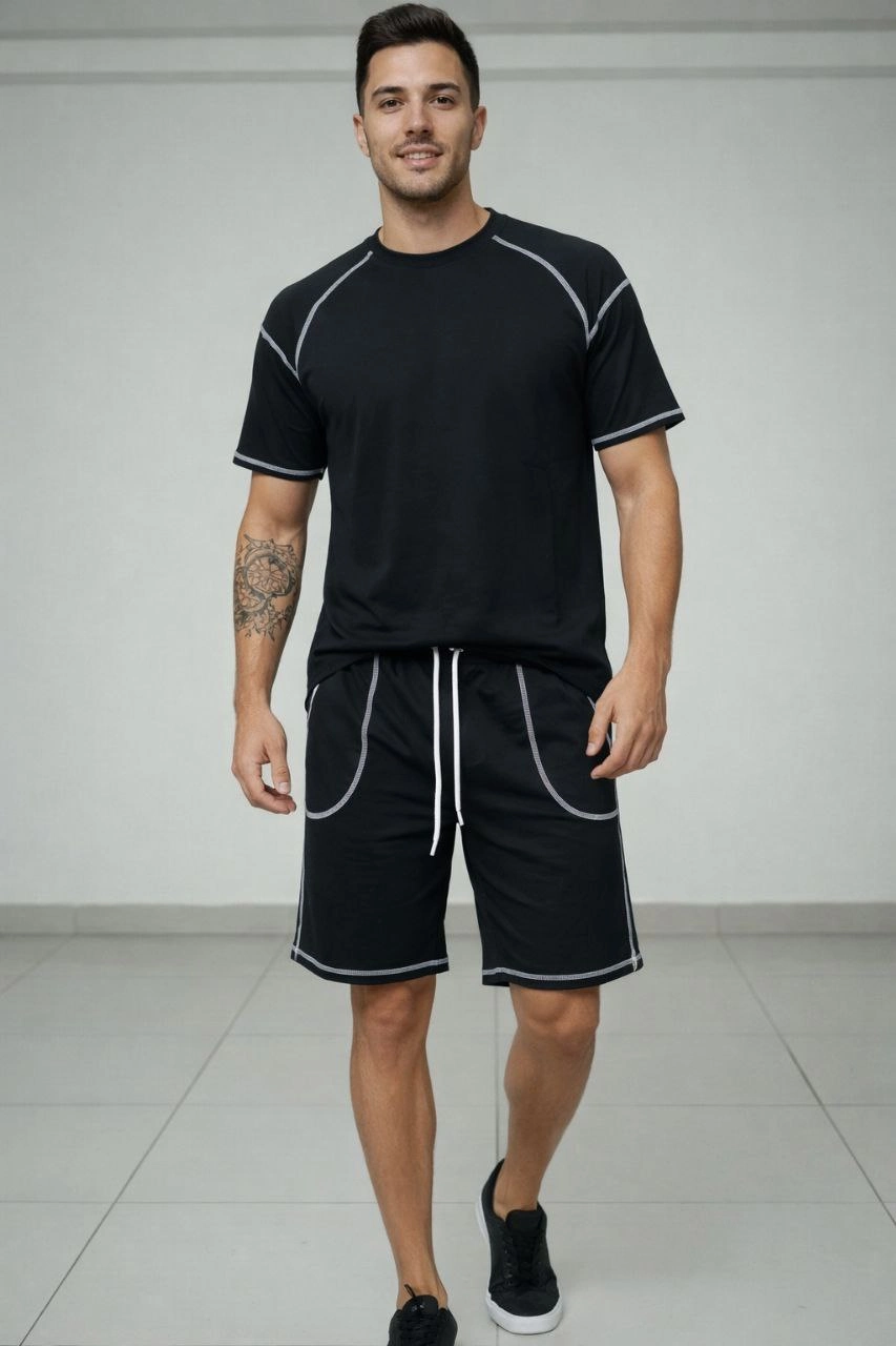 Erkek Spor Tişört Şort Takım Kontrast Dikiş Detaylı Ovarsize rahat kalıp - Siyah