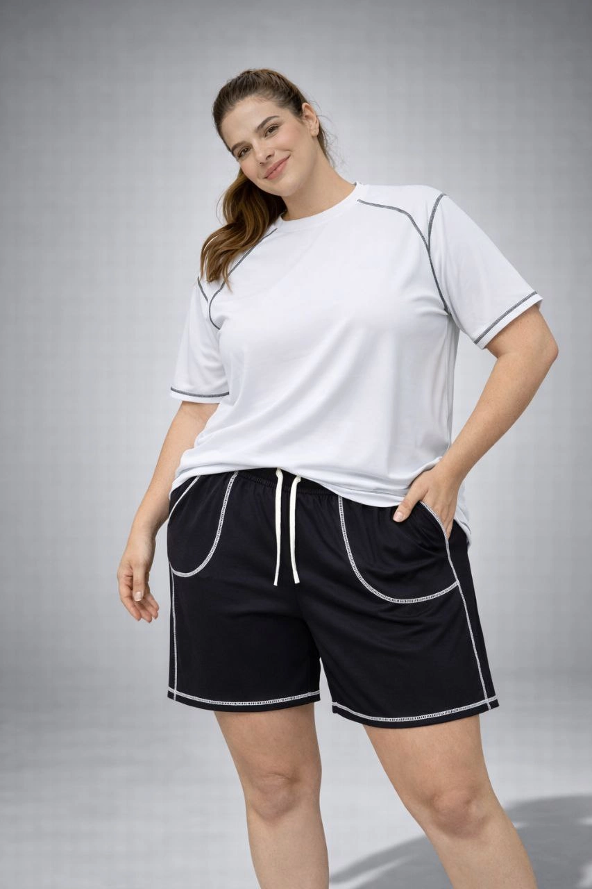 Kadın Battal Beden Kısa Kollu Tişört Şort Takım Kontrast Dikiş Detaylı Günlük Ev Giyimi - Beyaz