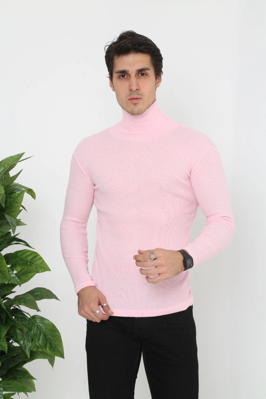 Erkek Kaşkorse Boğazlı Full Likralı Fitilli Body Kazak - Toz Pembe