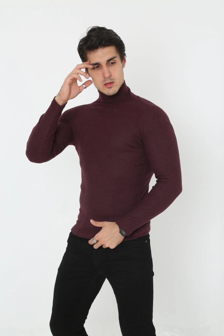 Erkek Kaşkorse Boğazlı Full Likralı Fitilli Body Kazak - Bordo