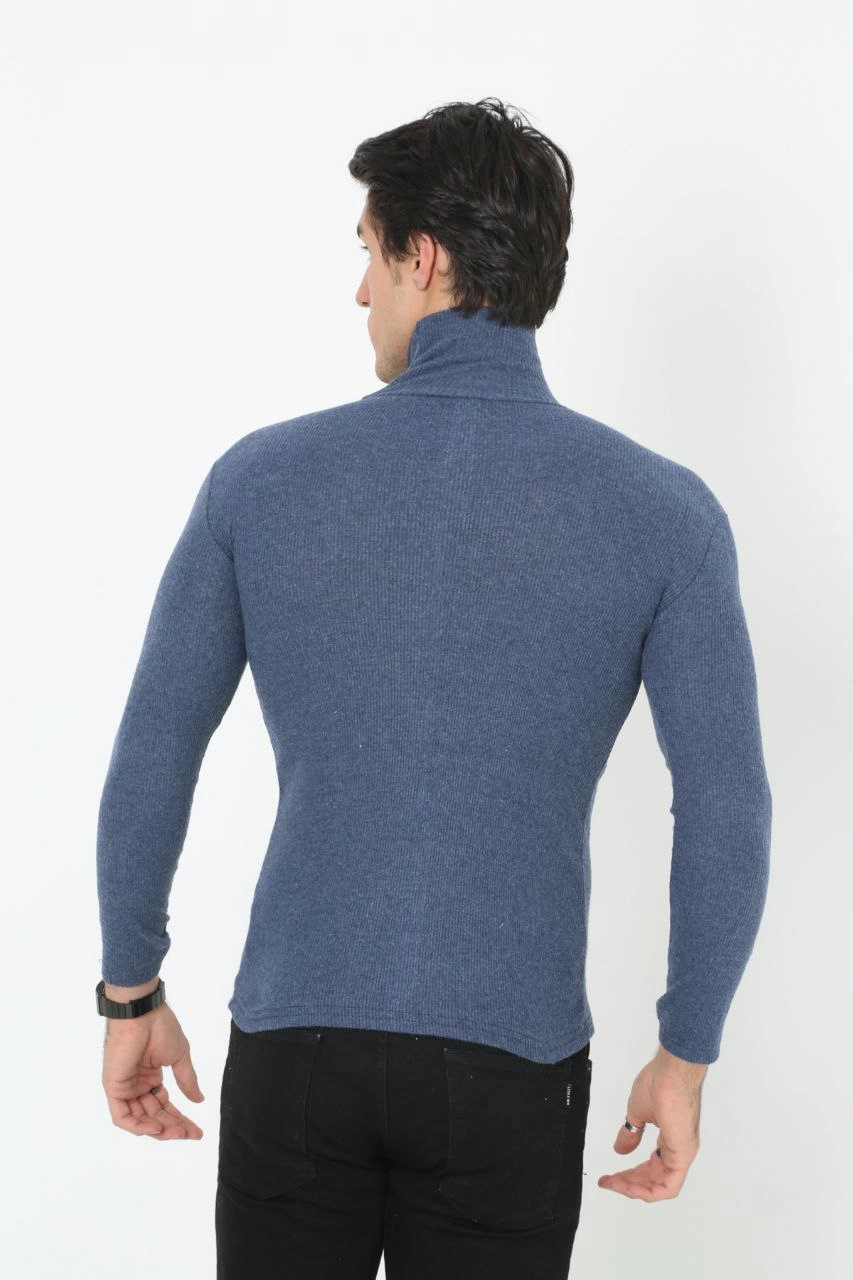 Erkek Kaşkorse Boğazlı Full Likralı Fitilli Body Kazak - İndigo