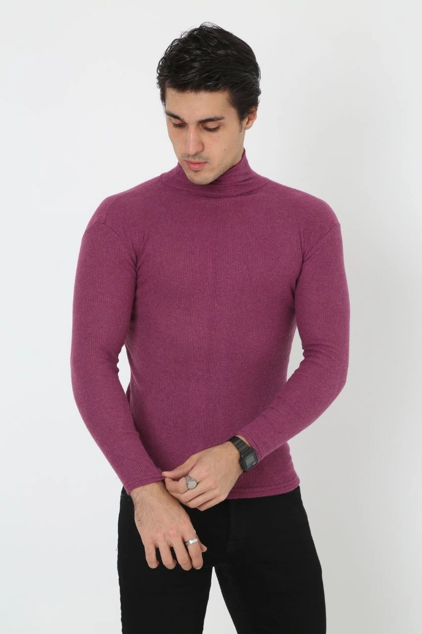 Erkek Kaşkorse Boğazlı Full Likralı Fitilli Body Kazak - Gül Kurusu