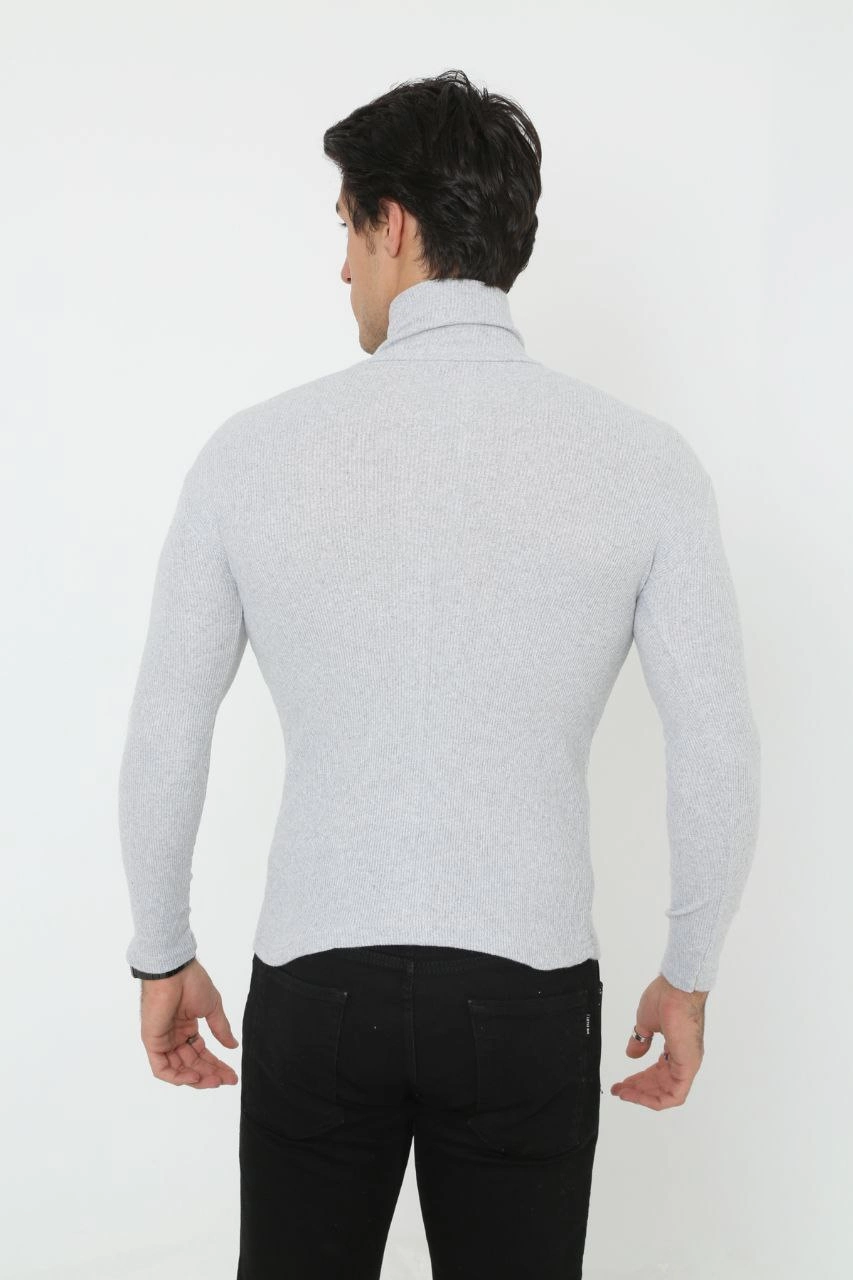 Erkek Kaşkorse Boğazlı Full Likralı Fitilli Body Kazak - Gri