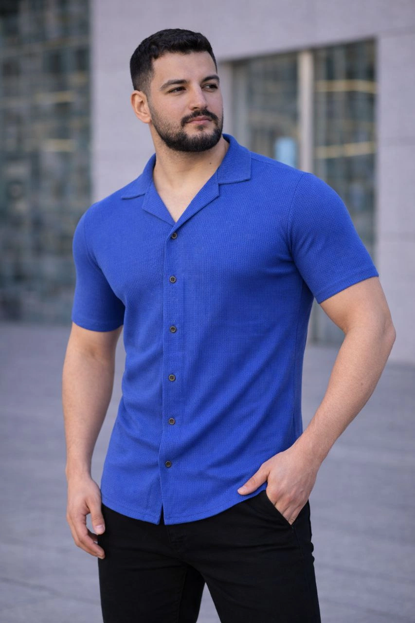 Erkek Waffle Dokuma Açık Yakalı Düğmeli Regular Kalıp 3’lü Gömlek Seti - Gri, Saks Mavisi, Beyaz