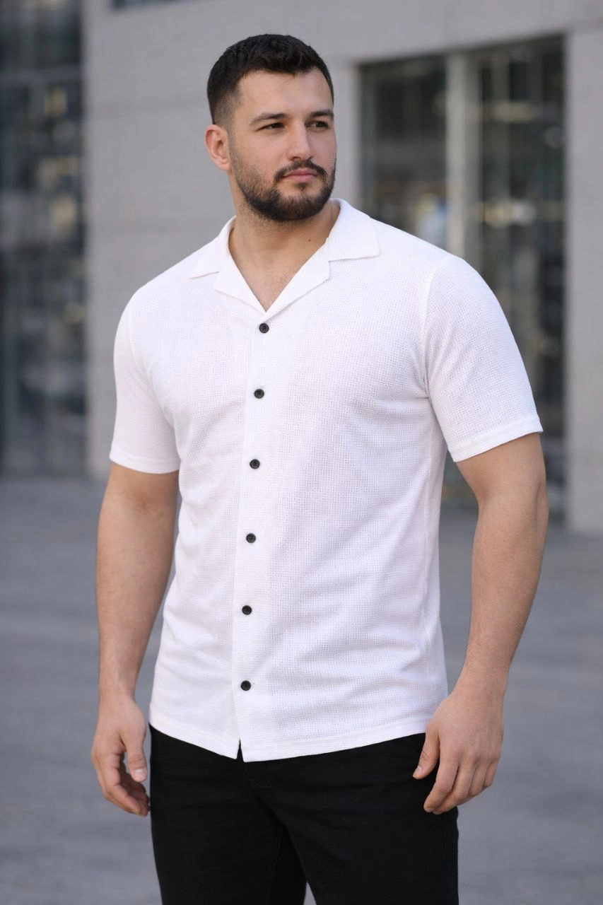 Erkek Waffle Dokuma Açık Yakalı Düğmeli Regular Kalıp 3’lü Gömlek Seti - Bej, Beyaz, Lacivert