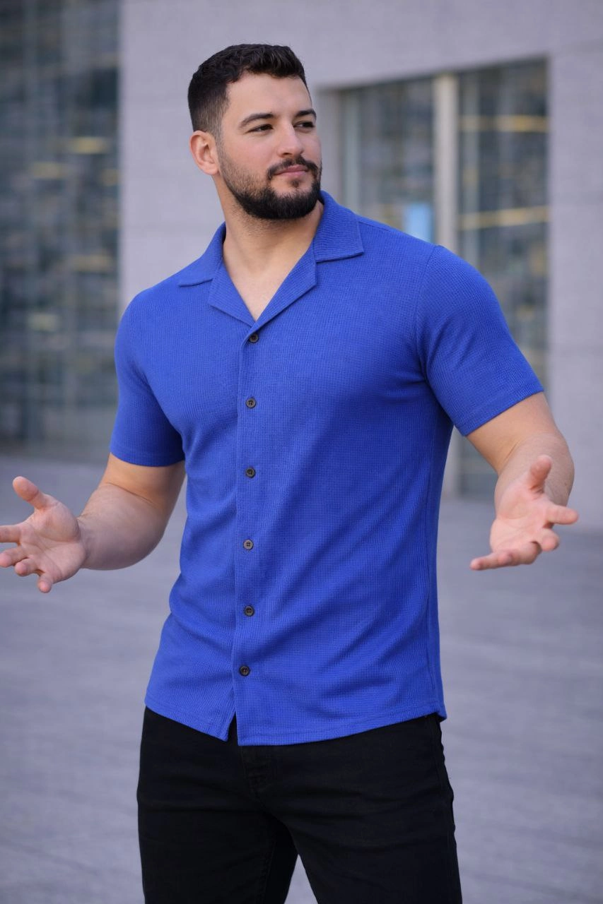 Erkek Waffle Dokuma Açık Yakalı Düğmeli Regular Kalıp 2’li Gömlek Seti - Siyah & Saks Mavisi