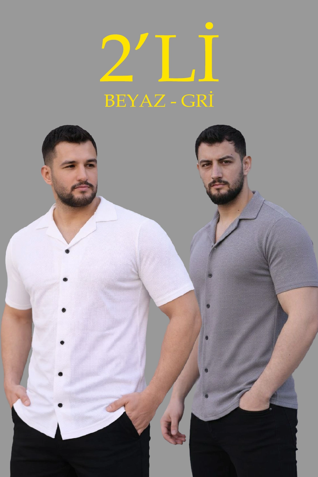 Erkek Waffle Dokuma Açık Yakalı Düğmeli Regular Kalıp 2’li Gömlek Seti - Beyaz & Gri