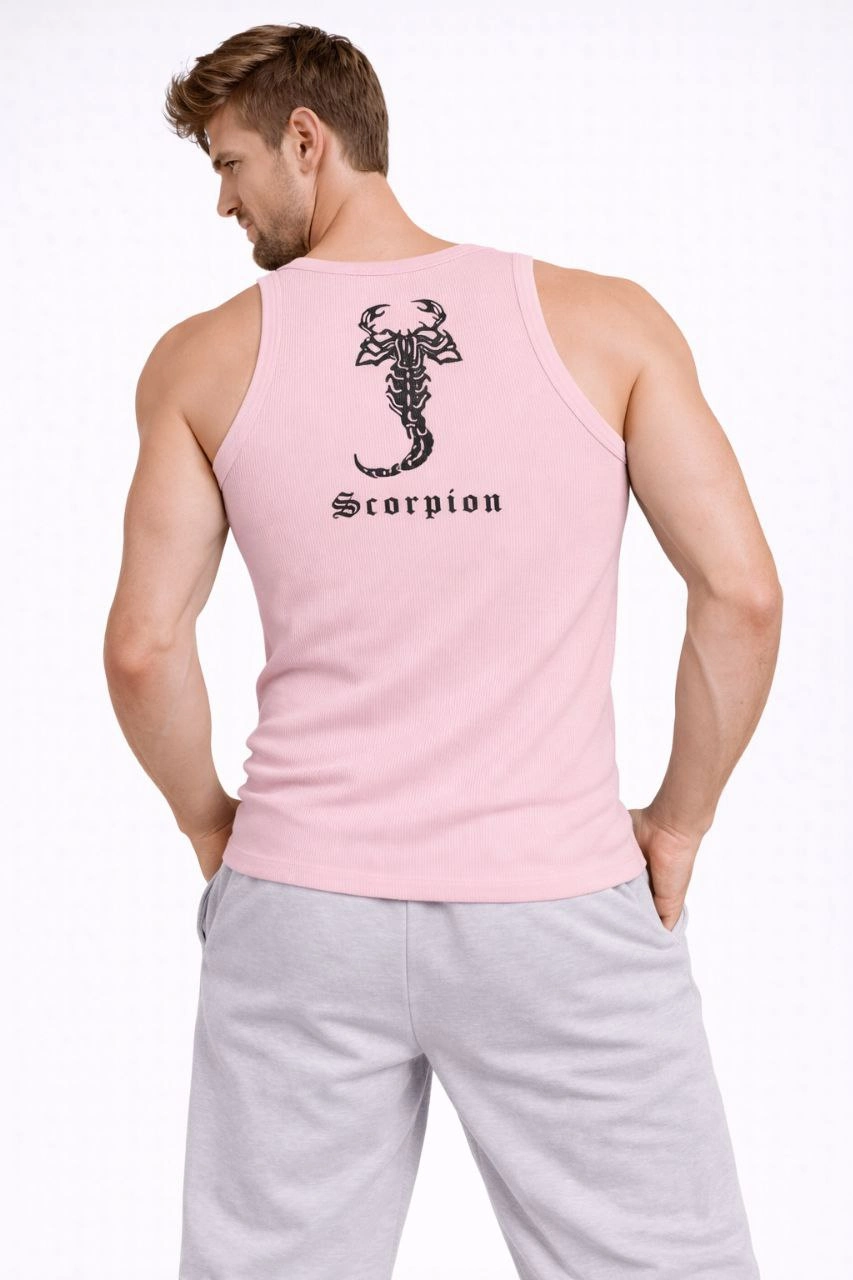 Erkek Fitilli Atlet Sıfır Yaka Slim Fit Arka Baskılı Spor Atlet - Pembe