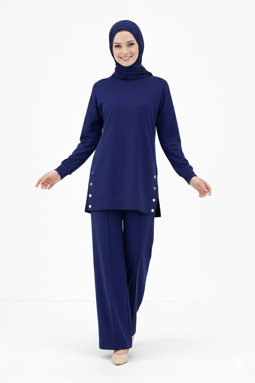 Osy Modal yumuşak dokulu Modern Tesettür Takım Yandan Metal Çıtçıtlı Uzun Tunik - Lacivert görsel 1