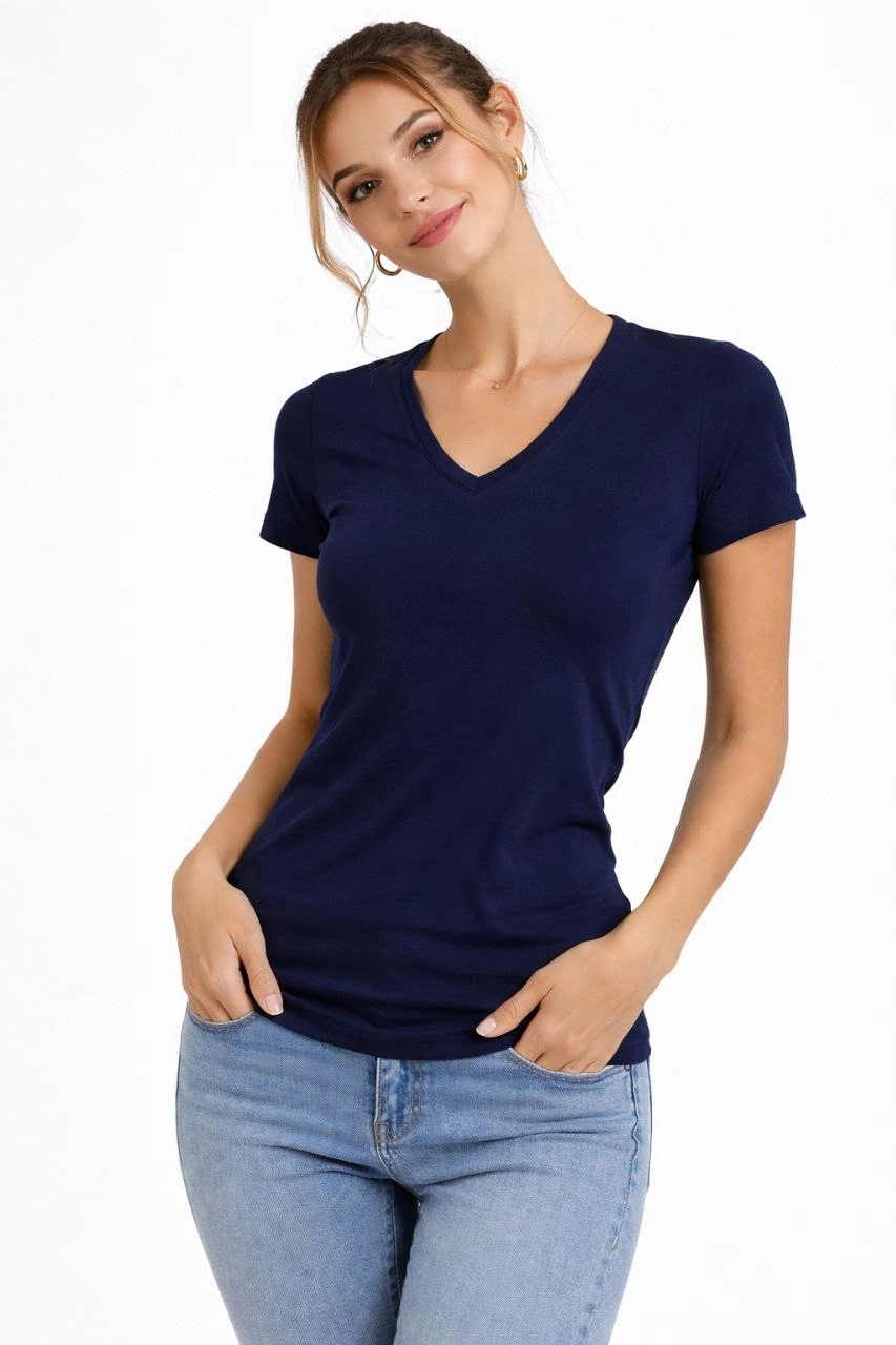 Kadın T-Shirt V Yaka Slim Fit Likralı Tişört Günlük Basic Body - Lacivert