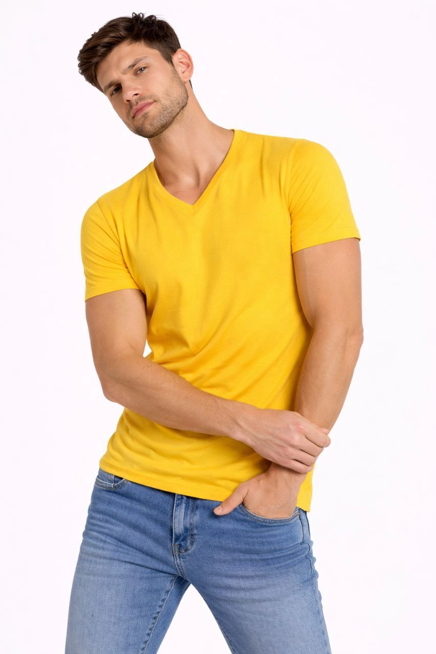 Erkek T-Shirt V Yaka Slim Fit dar kesim Likralı Tişört Günlük Basic Body - Limon görsel 1