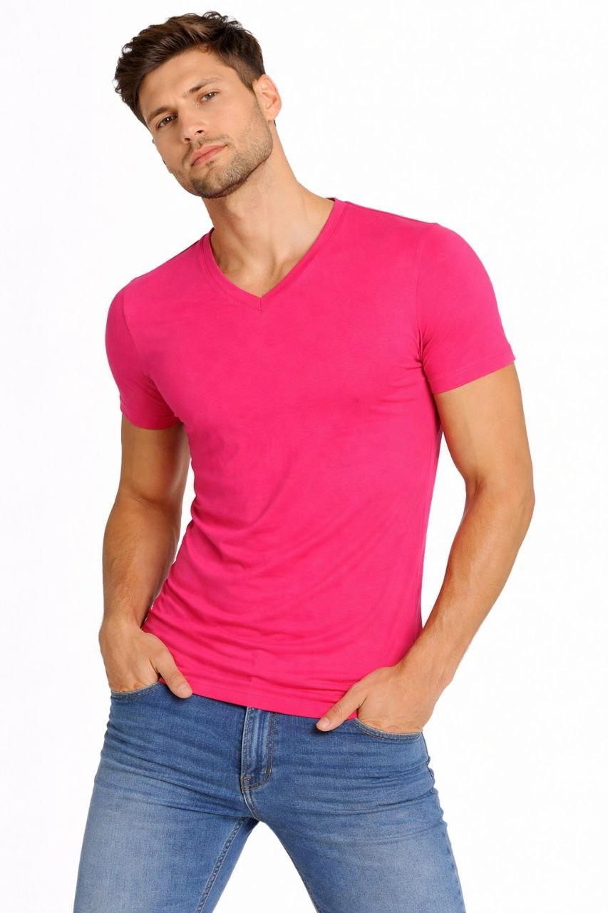 Erkek T-Shirt V Yaka Slim Fit dar kesim Likralı Tişört Günlük Basic Body - Pembe görsel 1